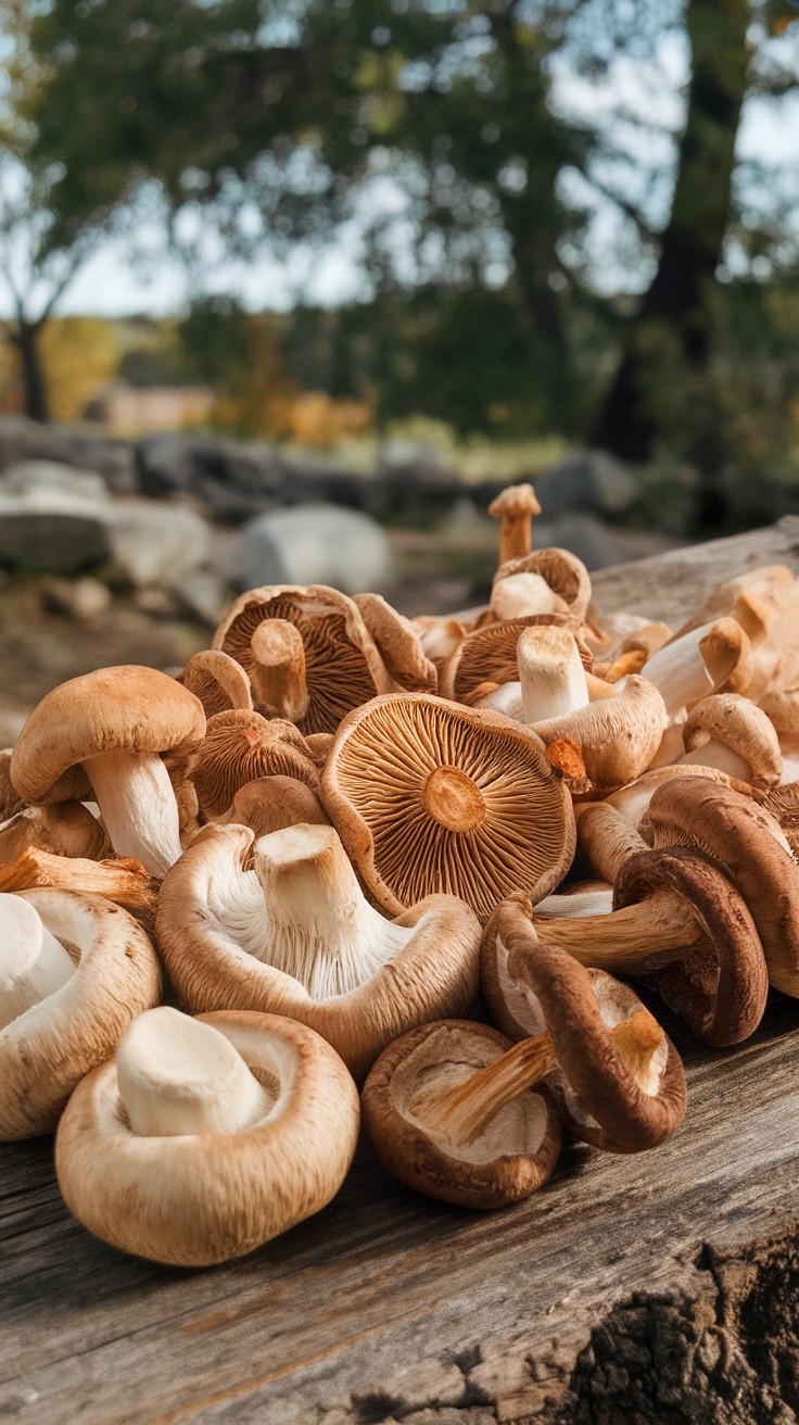 A variety of dried mushrooms on a wooden surface, ideal for outdoor cooking.